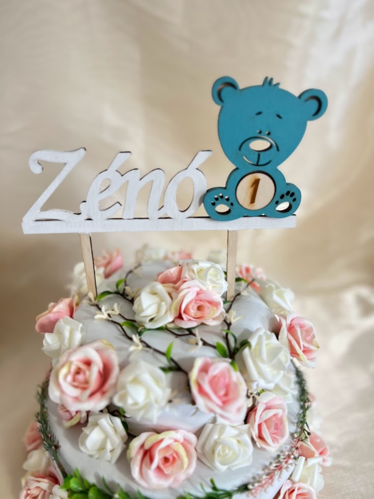 Névre szóló macis tortabeszúró – szülinapi tortadísz évszámos korongokkal