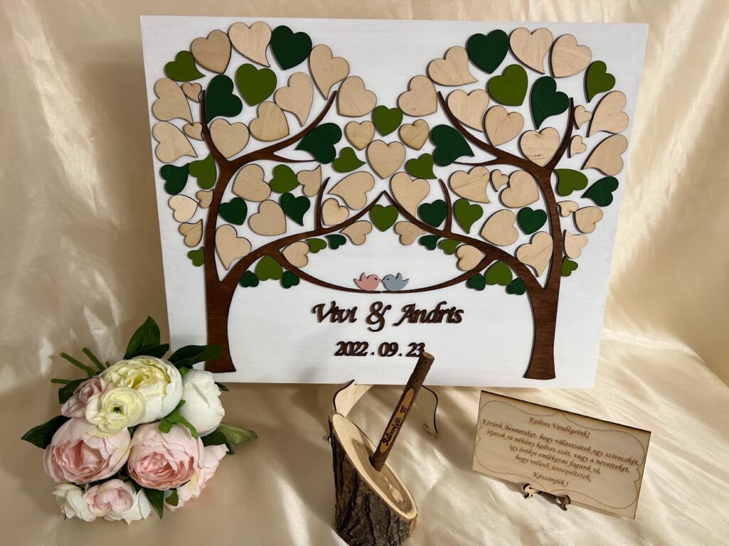 Esküvői vendégkönyv, összeérő fás– keret nélküli, személyre szabható