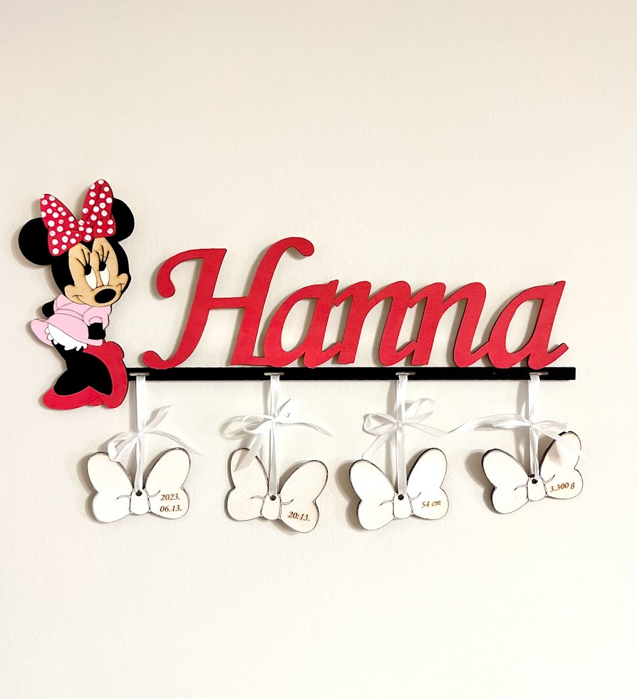 Minnie névtábla a baba születési adataival