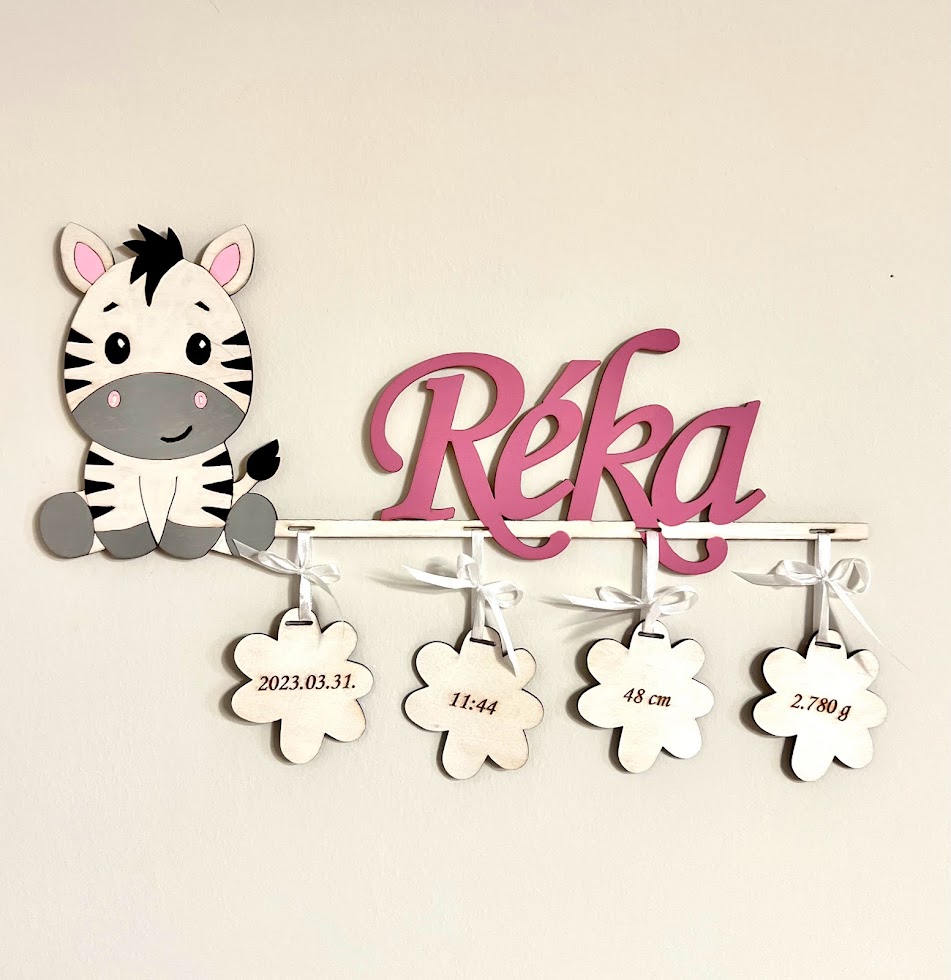 Zebra névtábla a baba születési adataival
