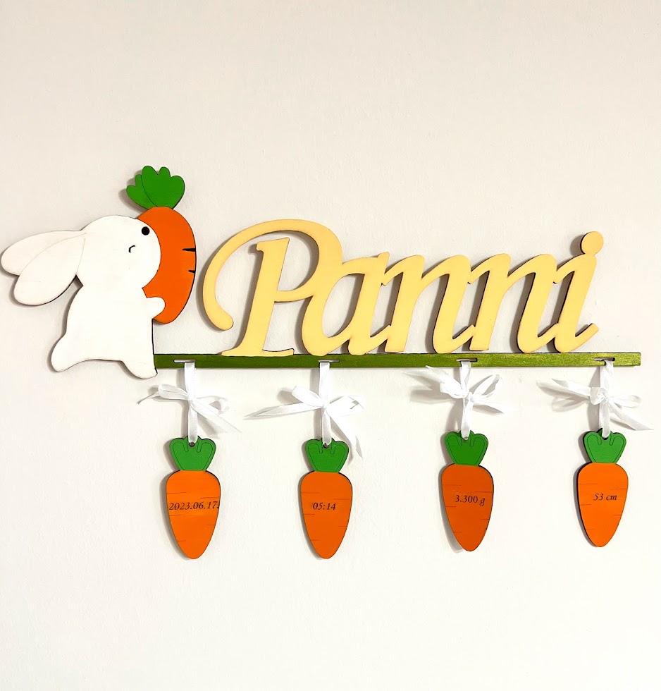 Nyuszika névtábla a baba születési adataival