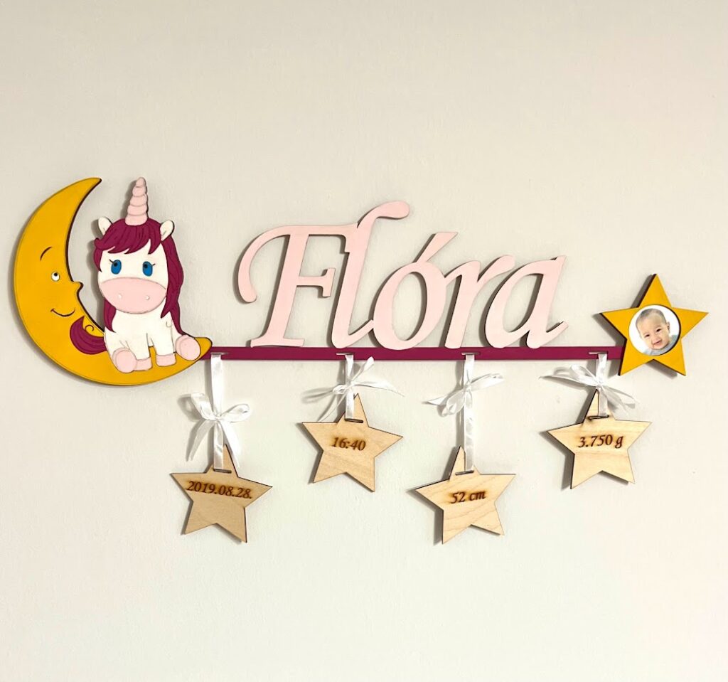 Unikornis névtábla a baba születési adataival