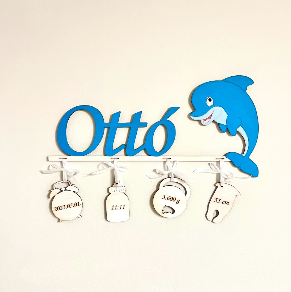 Delfin névtábla a baba születési adataival