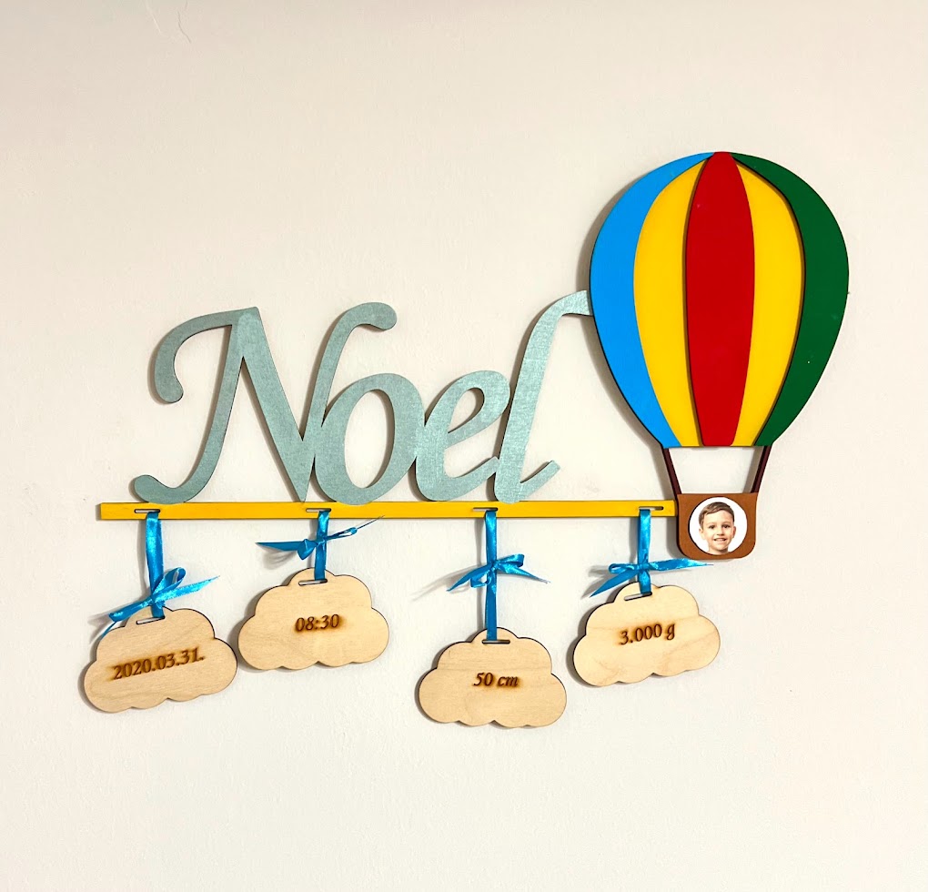 Léghajó névtábla a baba születési adataival