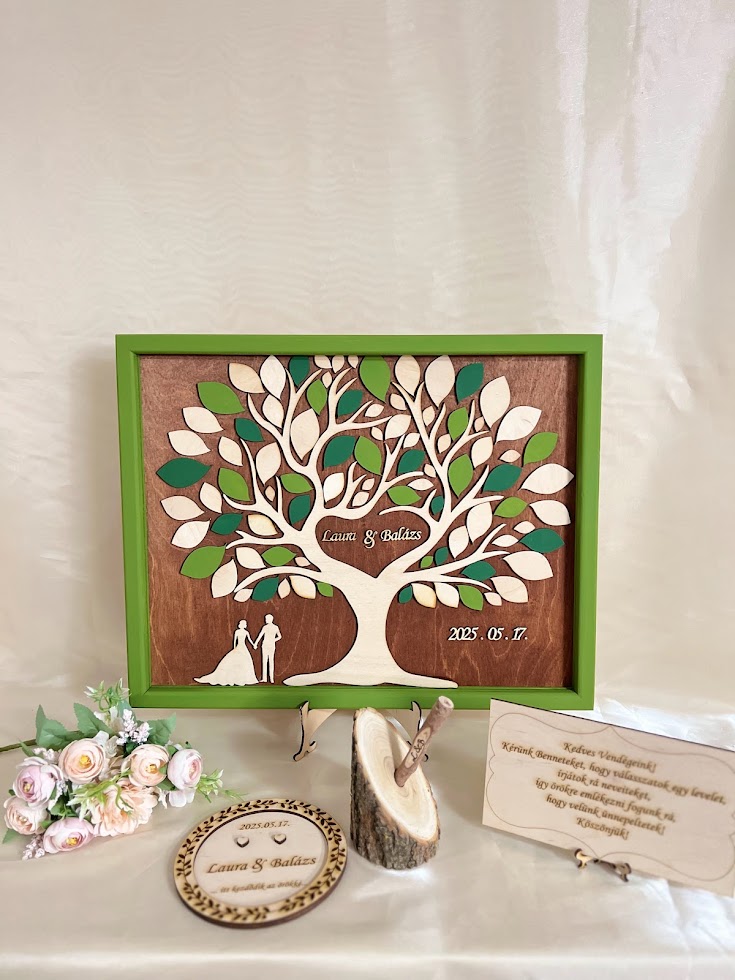 Esküvői vendégkönyv szíves fás, keretezett – alternatív vendégkönyv személyre szabható