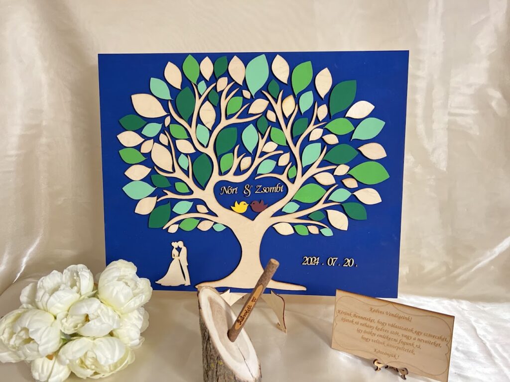 Esküvői vendégkönyv, szíves fás– keret nélküli, személyre szabható