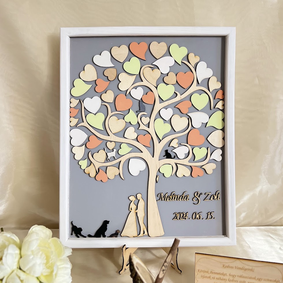 Egyedi esküvői vendégkönyv fás, keretezett – alternatív vendégkönyv személyre szabható