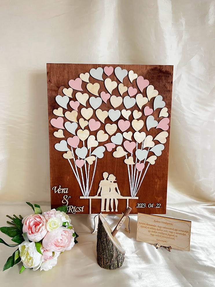 Esküvői vendégkönyv padon ülő pár– keret nélküli, személyre szabható