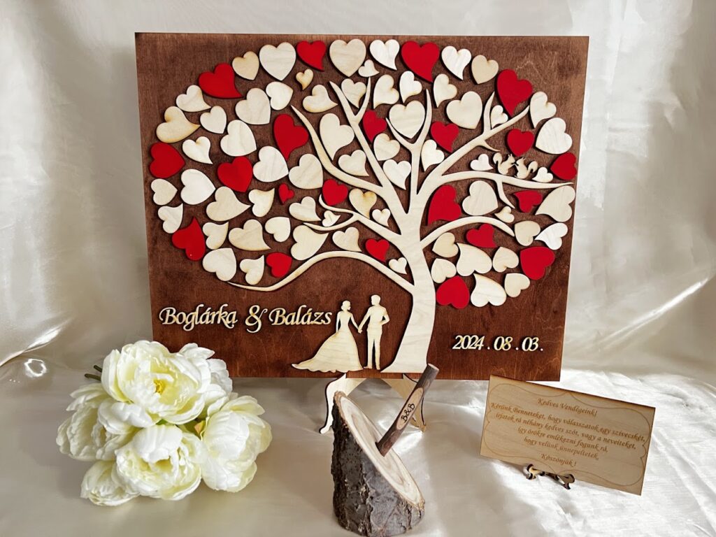 Egyedi esküvői vendégkönyv, fekvő fás– keret nélküli, személyre szabható