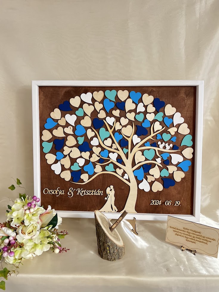 Egyedi esküvői vendégkönyv fekvő fás, keretezett – alternatív vendégkönyv személyre szabható