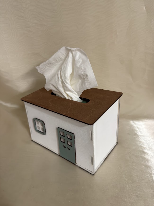 Kézzel festett fa zsebkendőtartó házikó – egyedi, dekoratív lakásdísz zöld ajtós