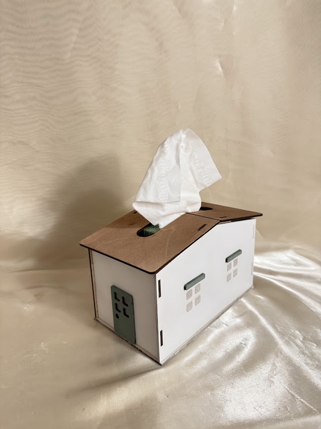 Kézzel festett fa zsebkendőtartó házikó – egyedi, dekoratív lakásdísz