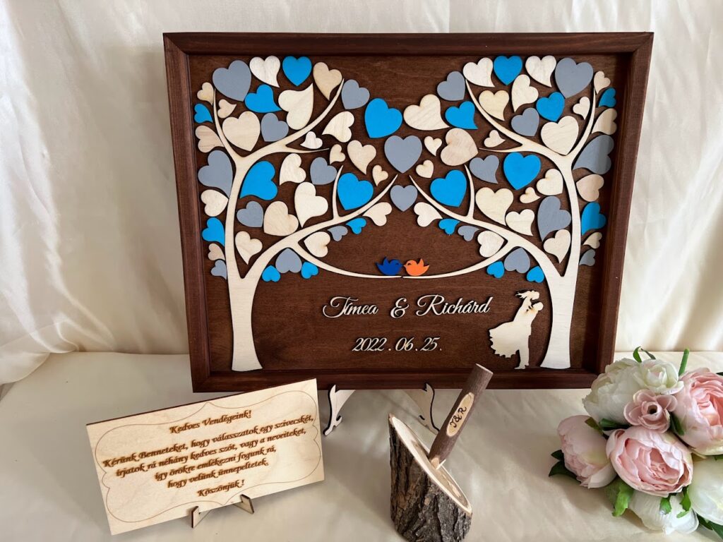 Esküvői vendégkönyv összeérő fás, keretezett – alternatív vendégkönyv személyre szabható