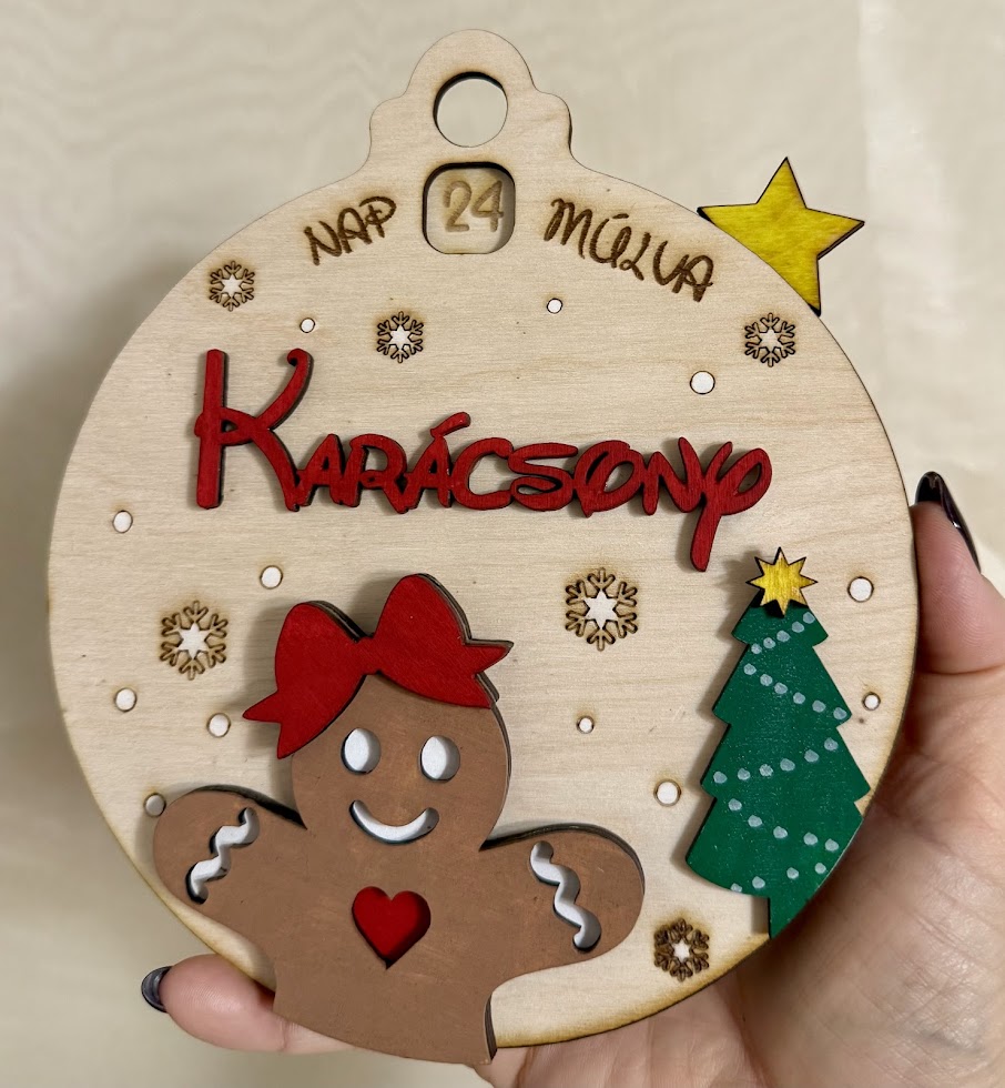 Mézis adventi visszaszámoló karácsonyfadísz - forgatható, fa, kézzel festett